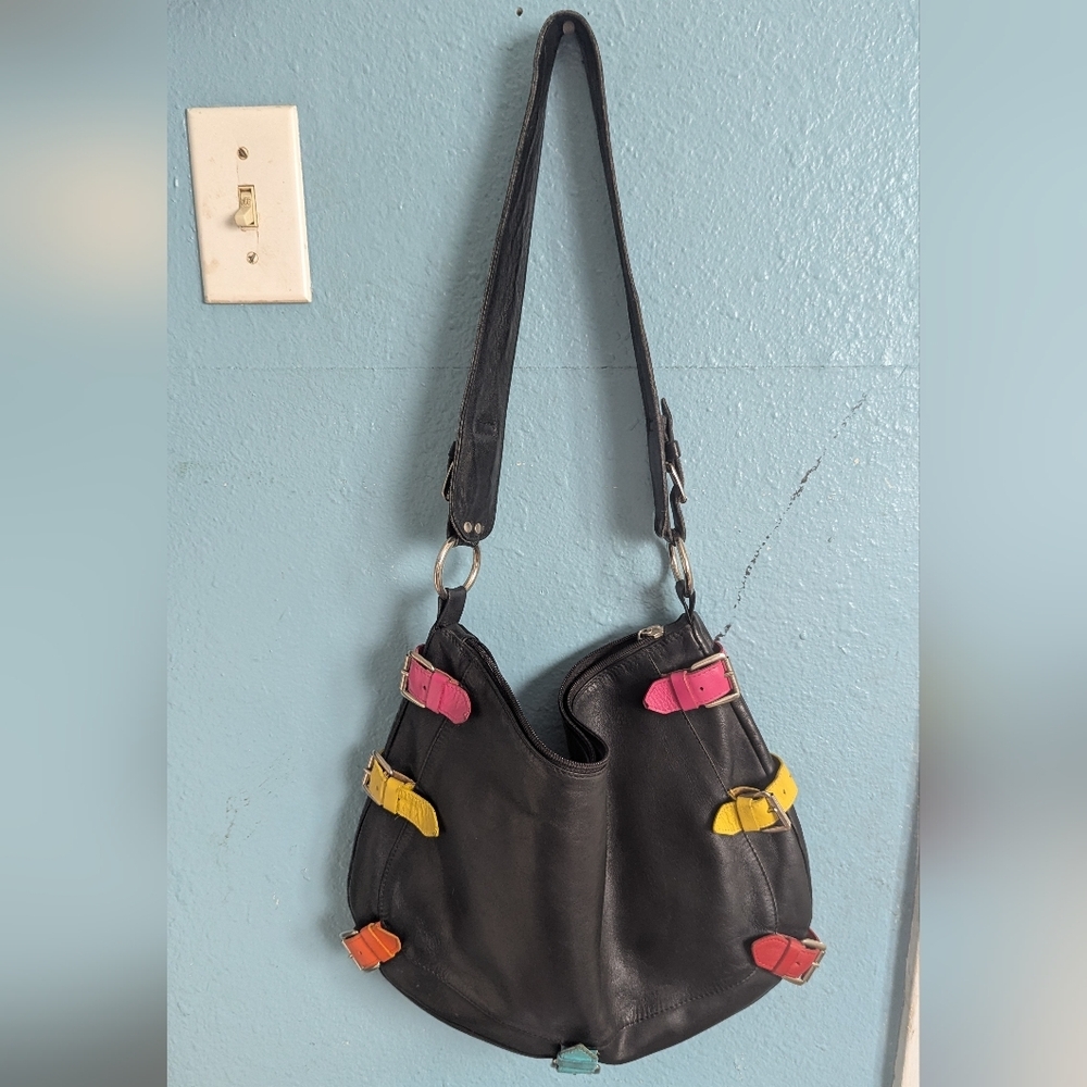Derge Colorful Buckle Black Leather Shoulder Bag - Picture 2 of 5